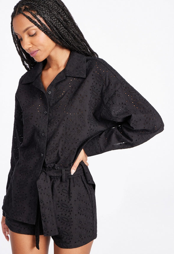 Eyelet Button Down Shirt Black Caviar
