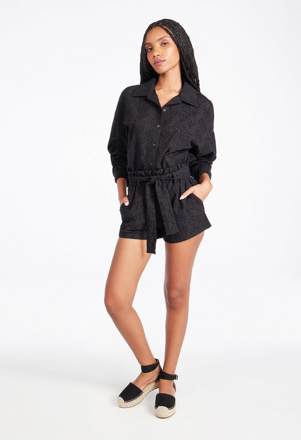Eyelet Button Down Shirt Black Caviar