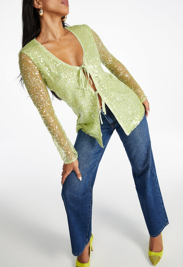 Sequin Tie Front Top Sulphur Spring Green