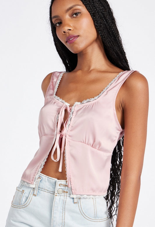 Tie Front Lace Trim Tank Chalk Pink