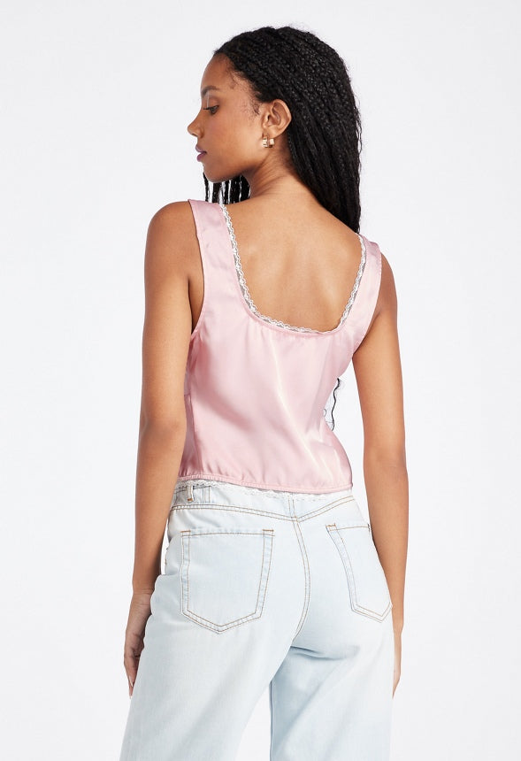 Tie Front Lace Trim Tank Chalk Pink