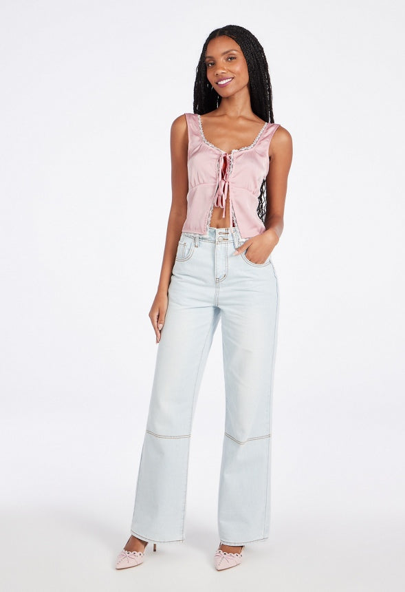 Tie Front Lace Trim Tank Chalk Pink