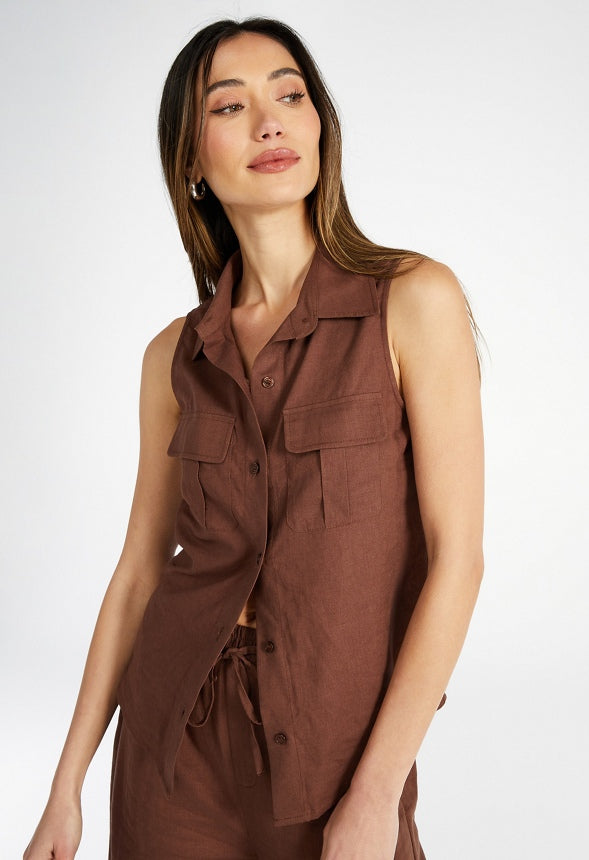 Sleeveless Linen Utility Shirt Chocolate Lab