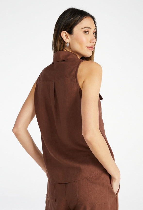 Sleeveless Linen Utility Shirt Chocolate Lab