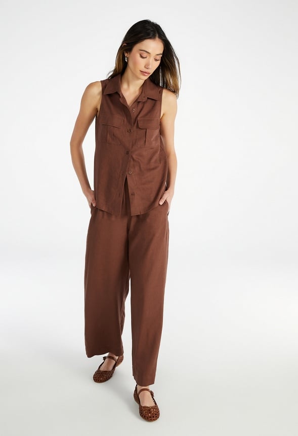 Sleeveless Linen Utility Shirt Chocolate Lab