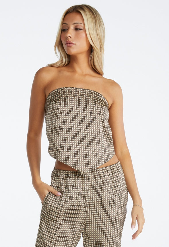 Satin Bandeau Top Brown Tonal Bandana Print