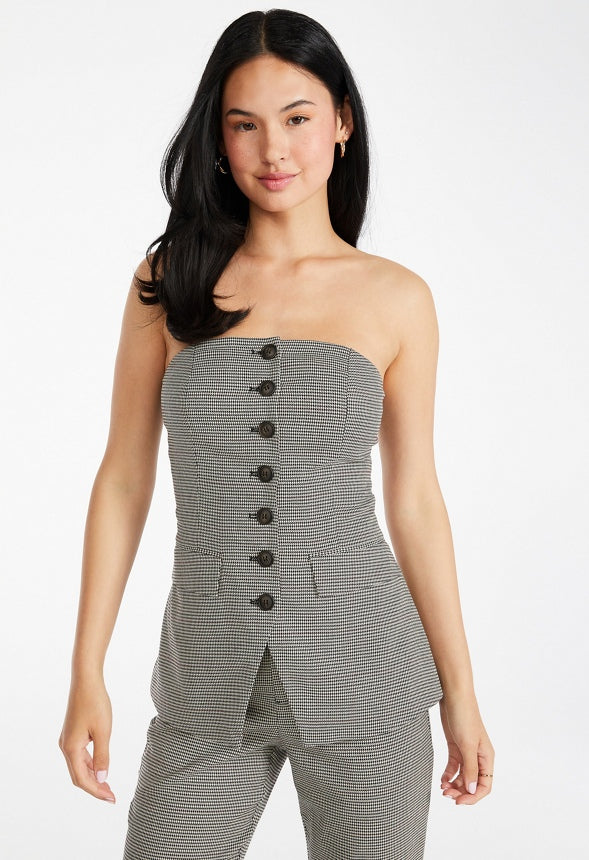 Plaid Strapless Top Brown Check