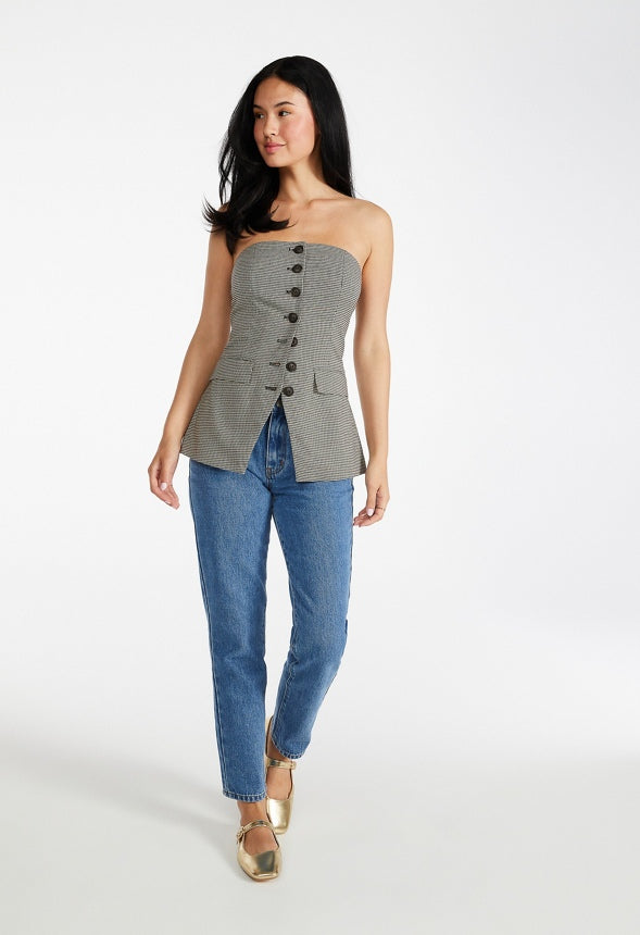 Plaid Strapless Top Brown Check