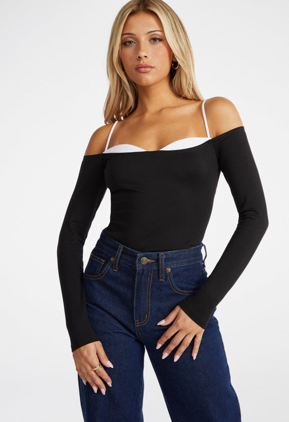 Peek A Boo Off Shoulder Top Black/ White