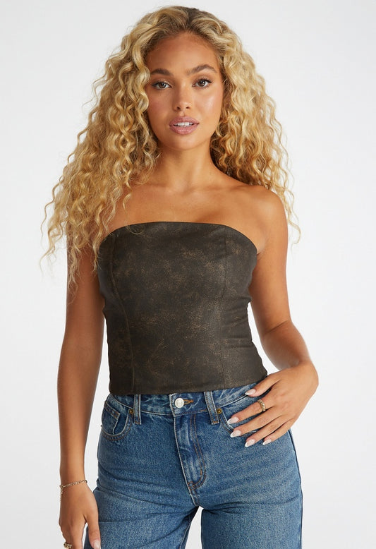 Faux Leather Bustier Distressed Brown