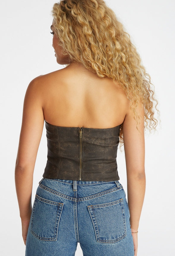 Faux Leather Bustier Distressed Brown