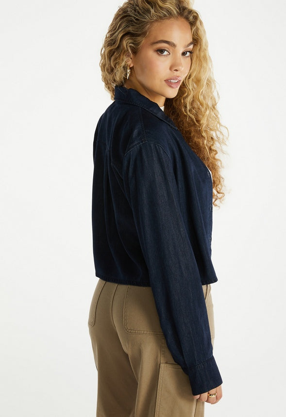 Cropped Chambray Shirt Dark Blue Wash