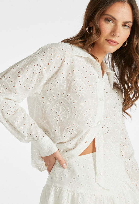 Eyelet Cropped Button Down Shirt Bright White