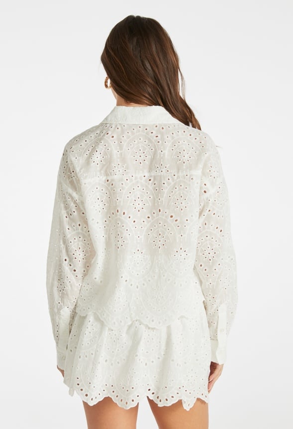 Eyelet Cropped Button Down Shirt Bright White