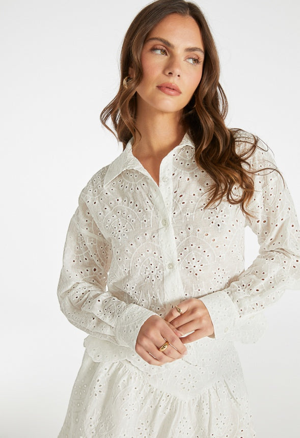 Eyelet Cropped Button Down Shirt Bright White