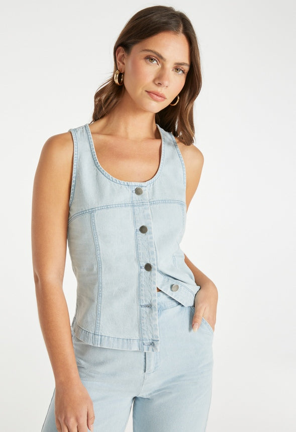 Denim Scoop Neck Vest Light Chambray Blue Wash