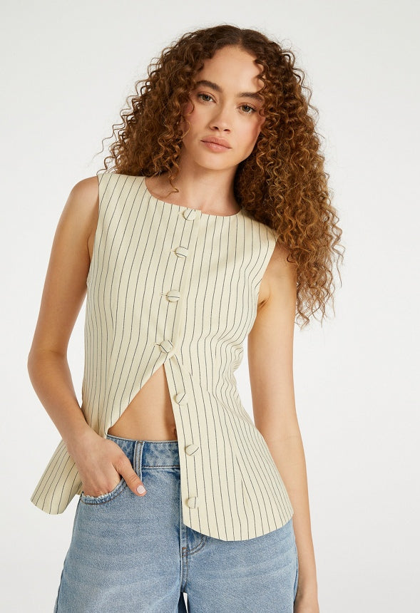 Tailored Tunic Vest Marshmallow White/ Black Caviar Pinstripe