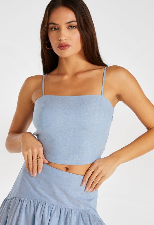 Poplin Cropped Square Neck Top Oxford Blue