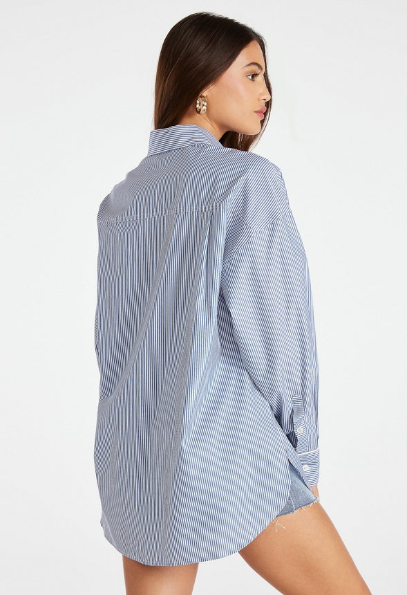 Poplin Oversized Men's Shirt With Piping Blue/ White Pinstripe