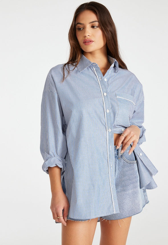Poplin Oversized Men's Shirt With Piping Blue/ White Pinstripe