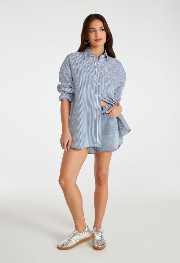 Poplin Oversized Men's Shirt With Piping Blue/ White Pinstripe